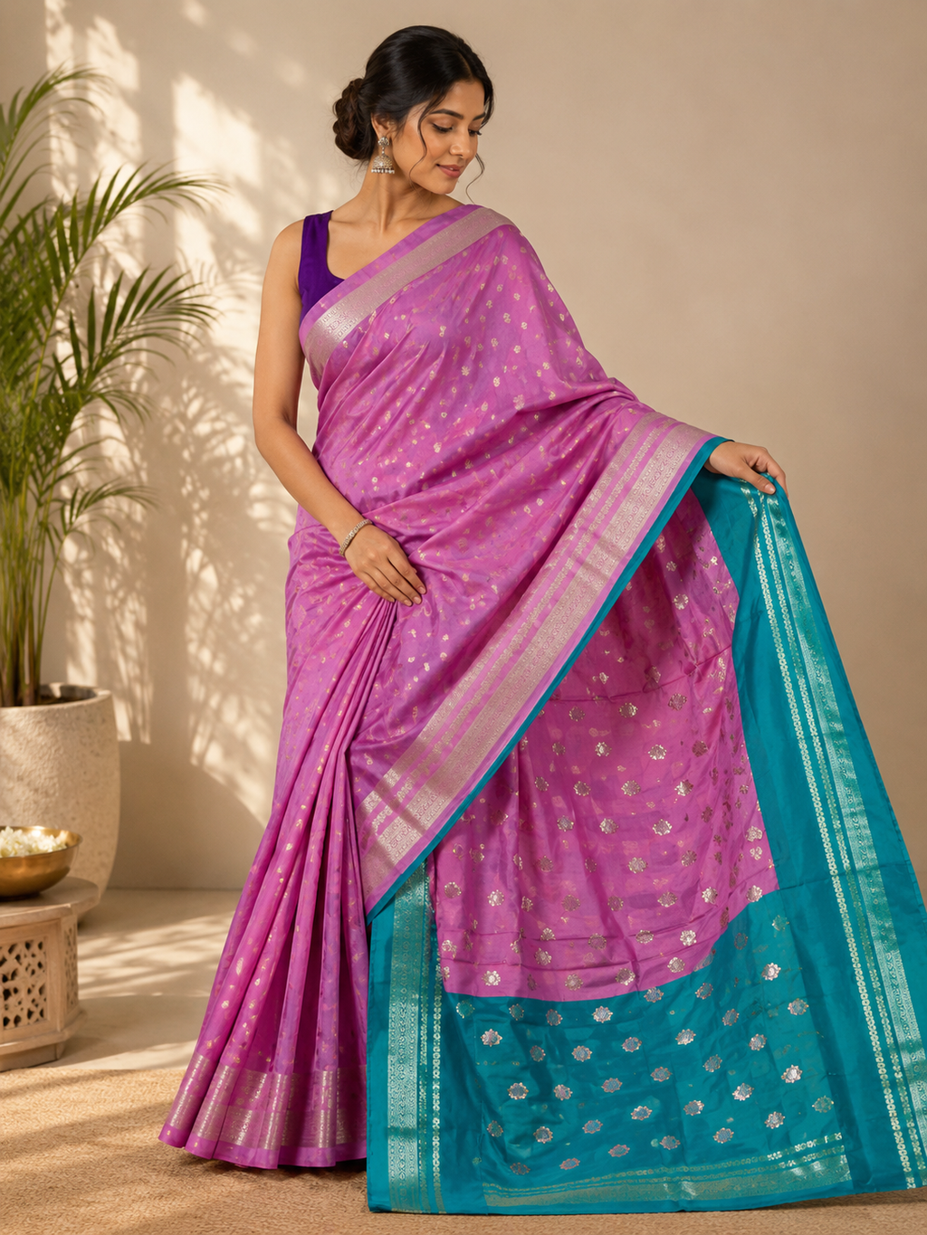 Basanti Contrast Baby Pink & green