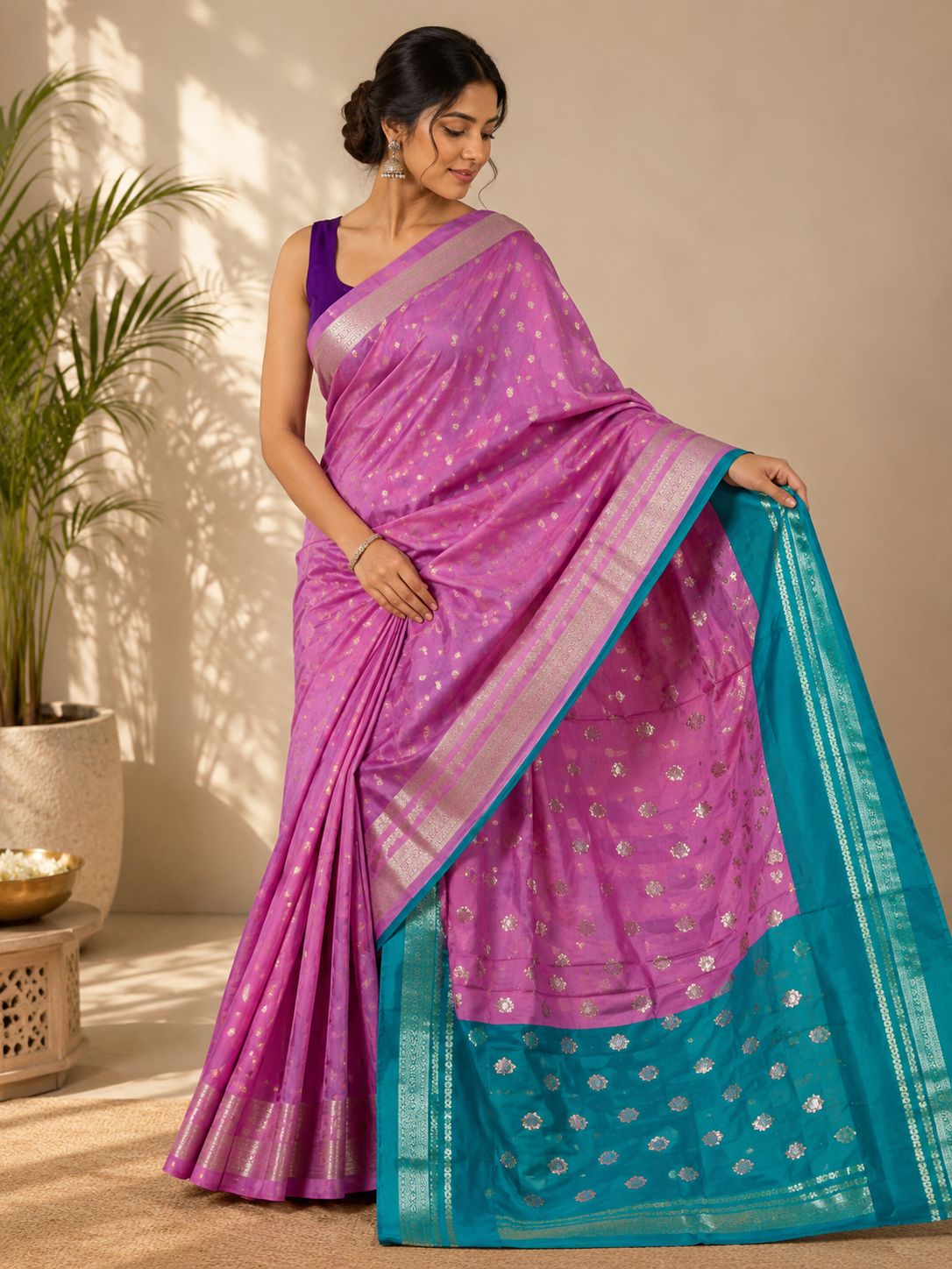 Basanti Contrast Baby Pink & green