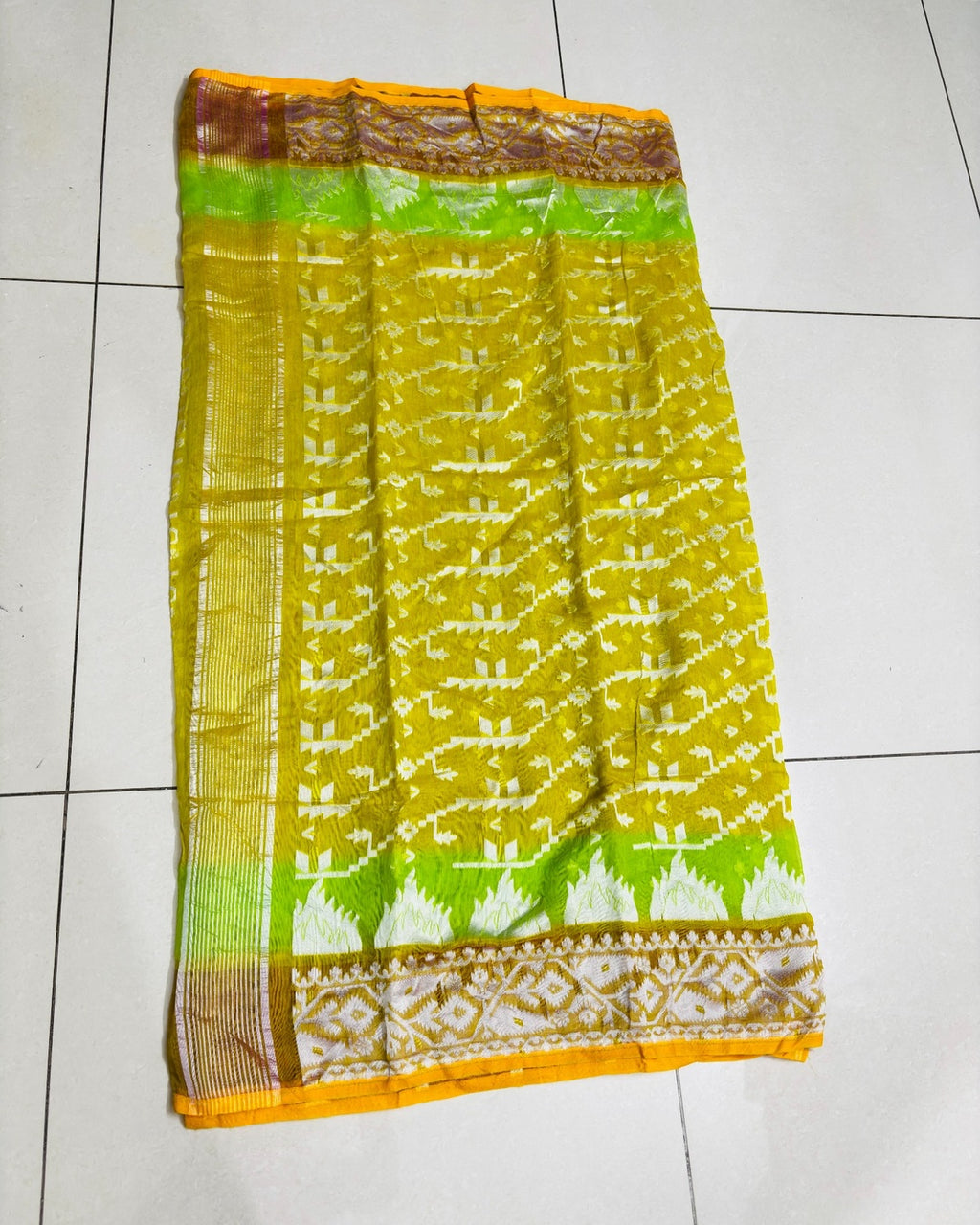 Muslin Cotton Jamdani-KSV -13007-Yellowis Green