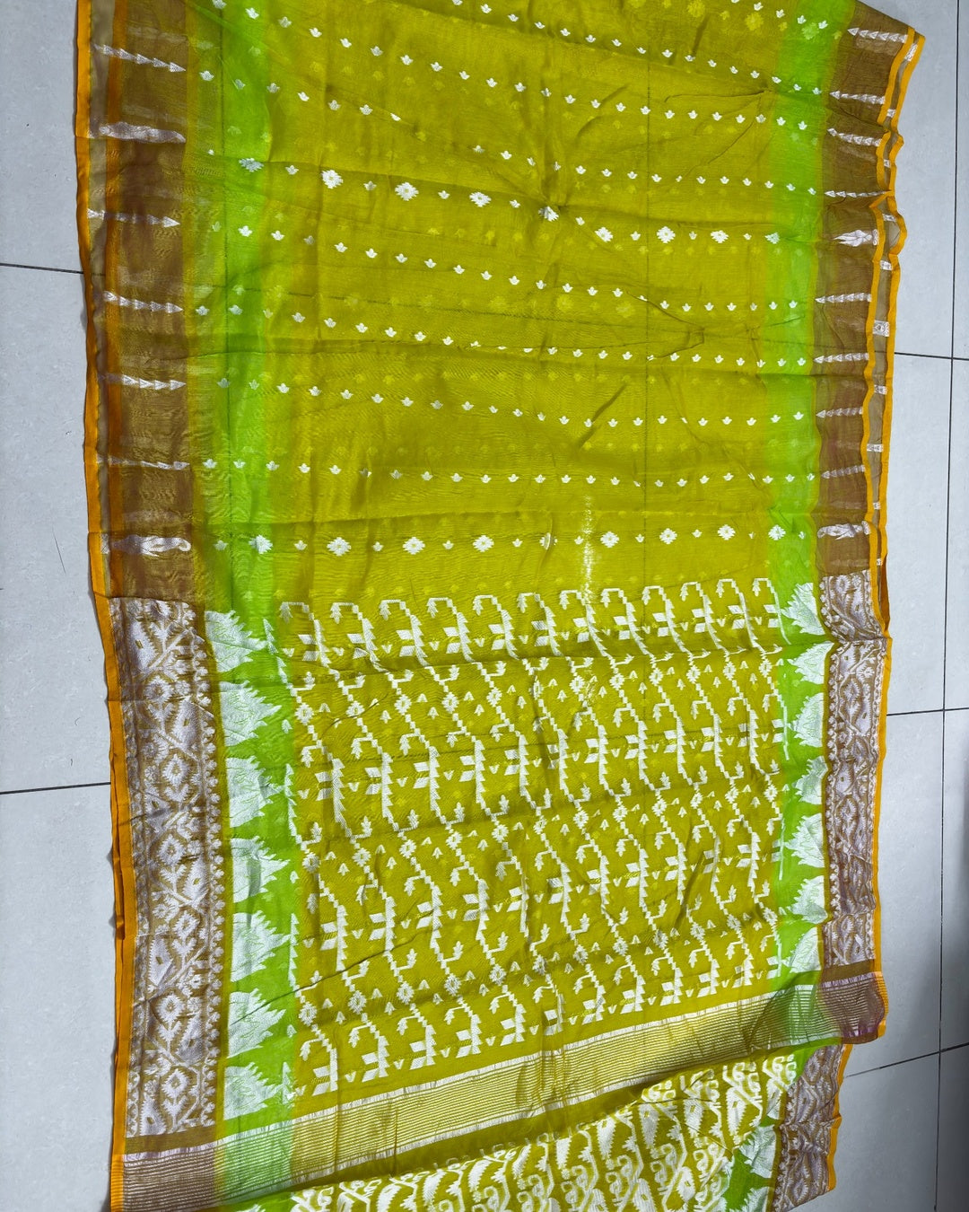 Muslin Cotton Jamdani-KSV -13007-Yellowis Green