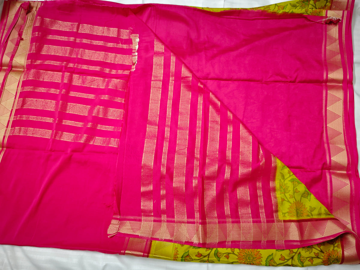 Mysore Crepe Silk-KSV2006-Greenish Yellow and Pink