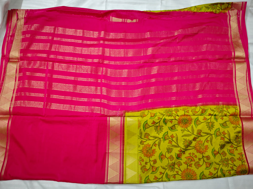 Mysore Crepe Silk-KSV2006-Greenish Yellow and Pink