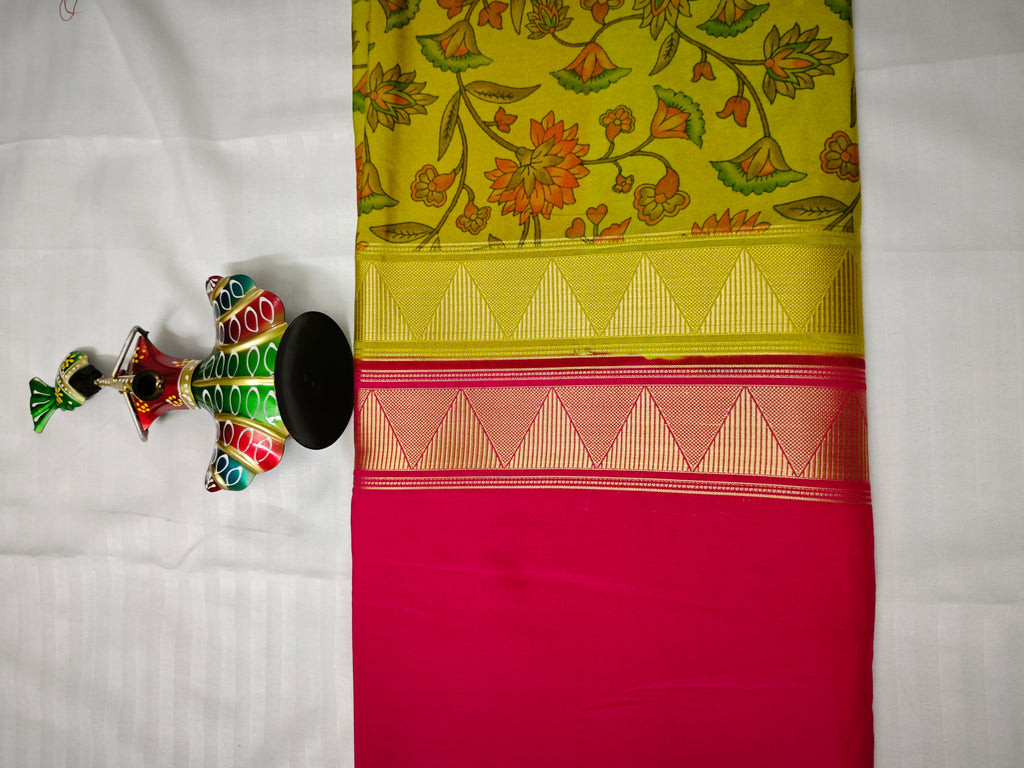 Mysore Crepe Silk-KSV2006-Greenish Yellow and Pink