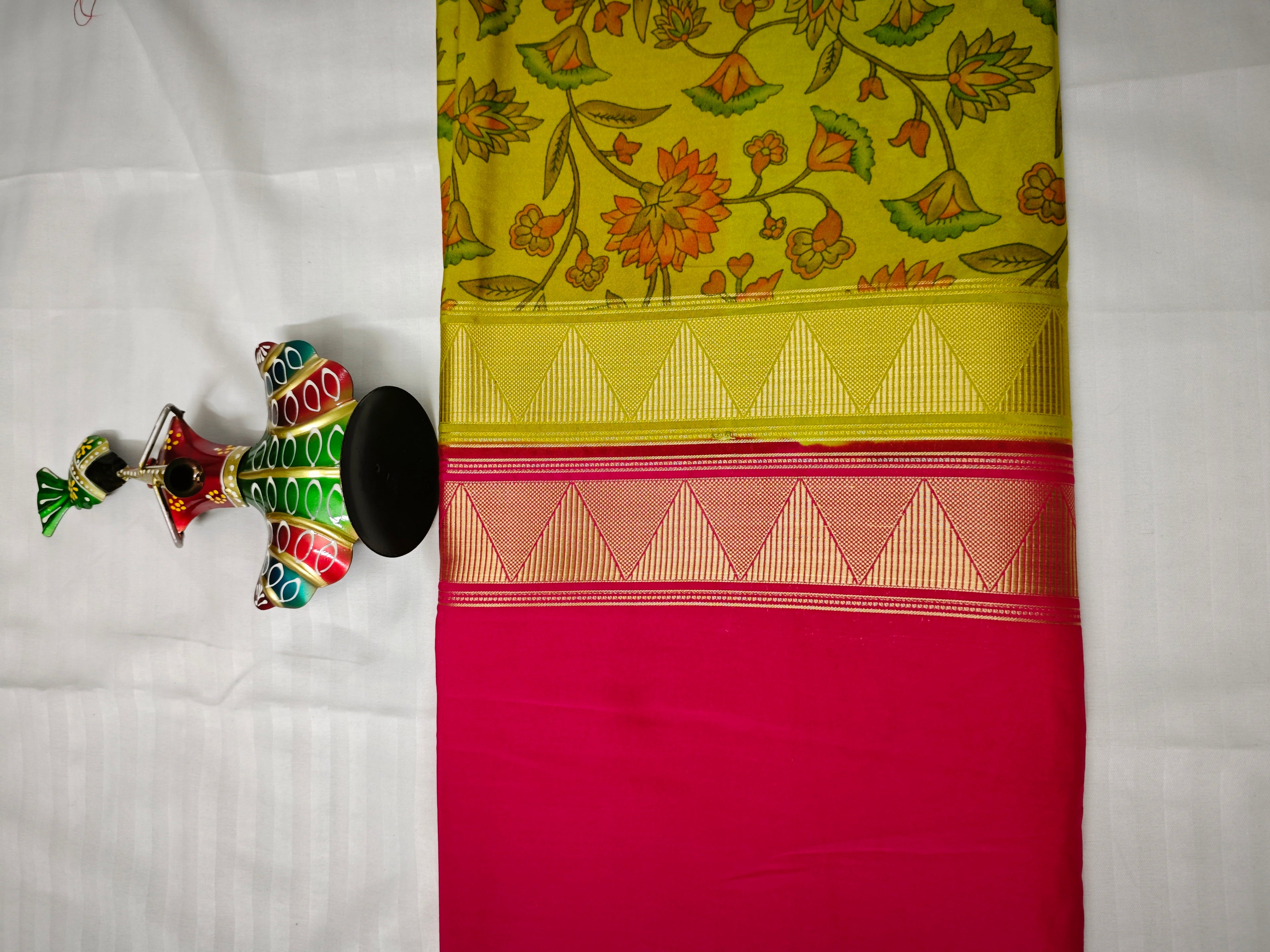 Mysore Crepe Silk-KSV2006-Greenish Yellow and Pink