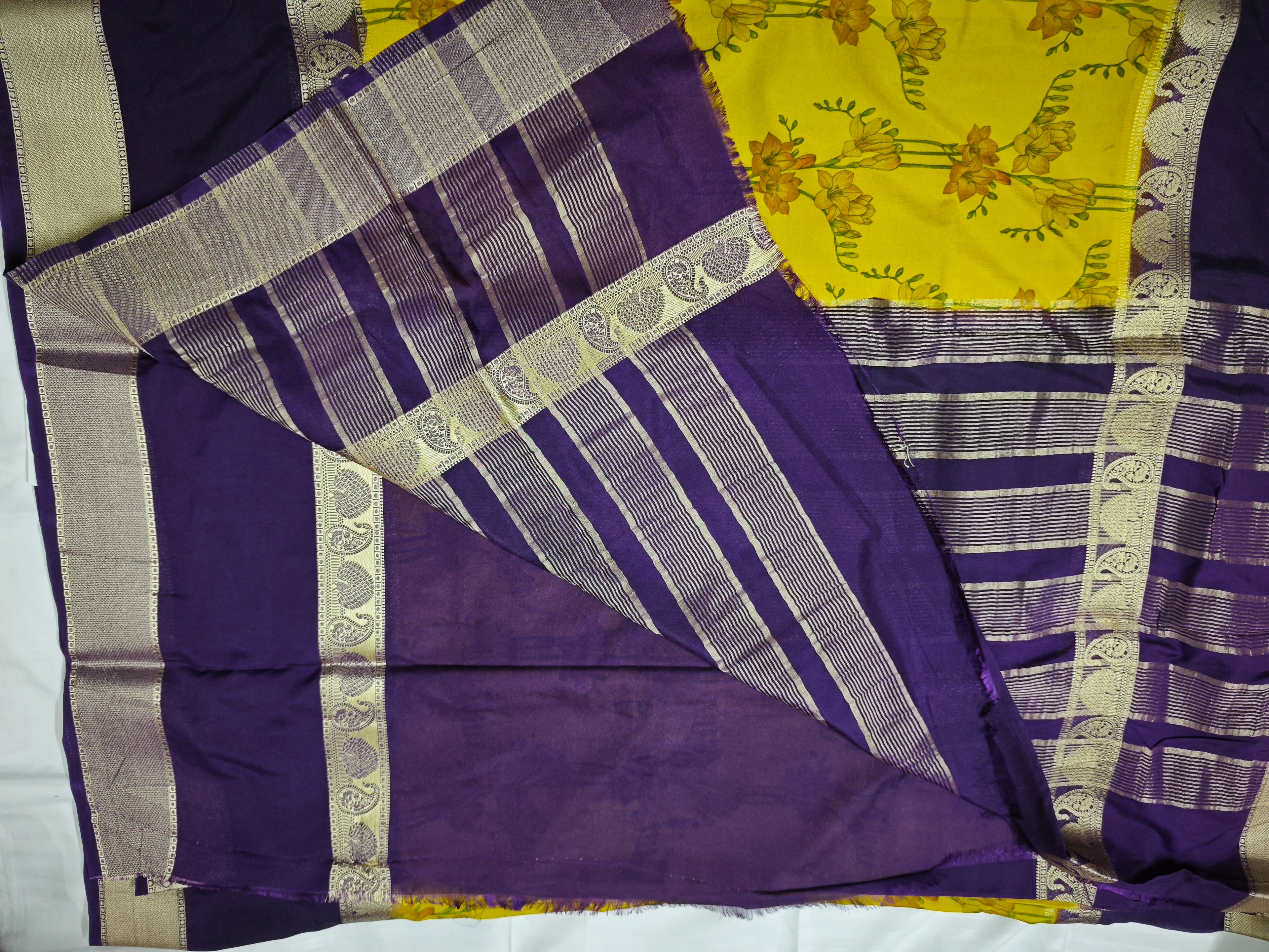 Mysore Crepe Silk-KSV2007-Bright Yellow and Deep Purple