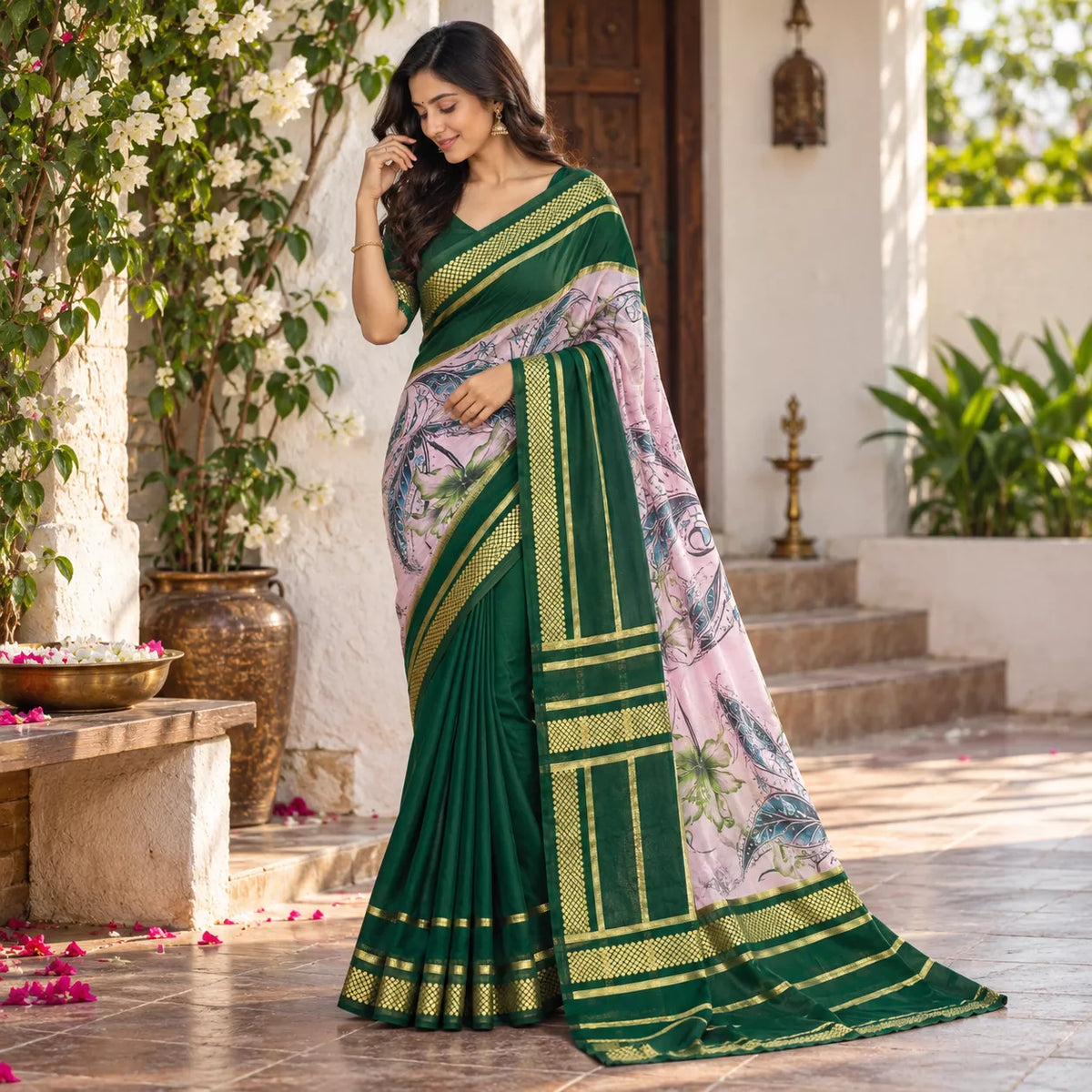 Mysore Crepe Silk-KSV2024-Baby Pink and Green