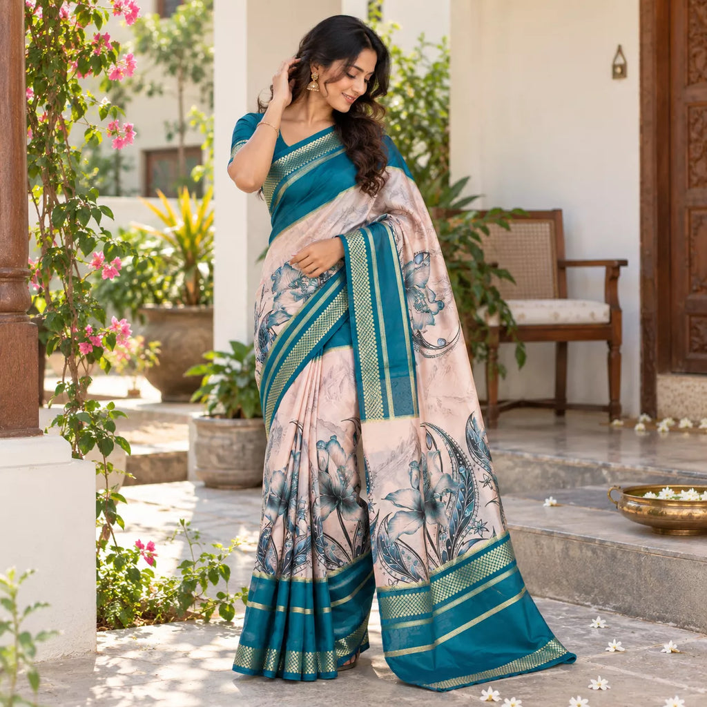 Mysore Crepe Silk-KSV2026-Peach and Blue