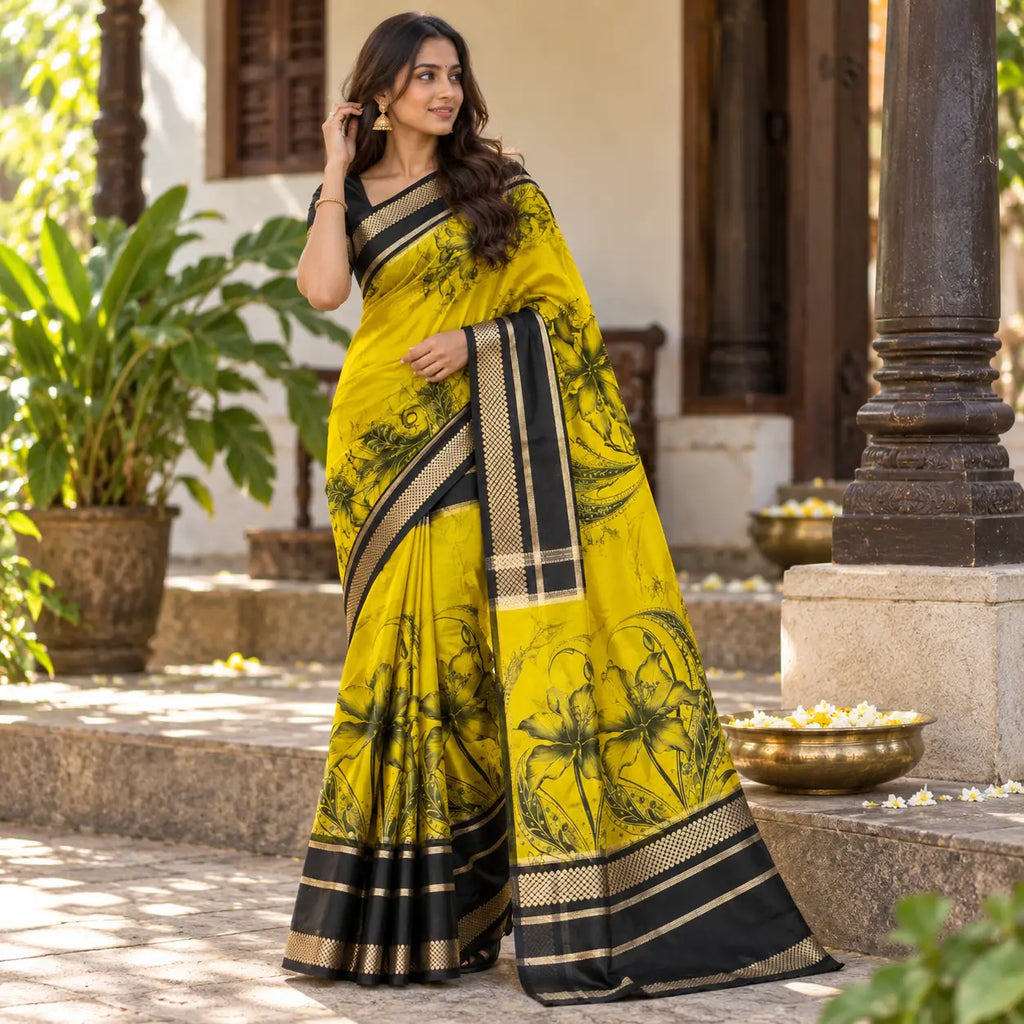 Mysore Crepe Silk-KSV2027-Yellow and Black