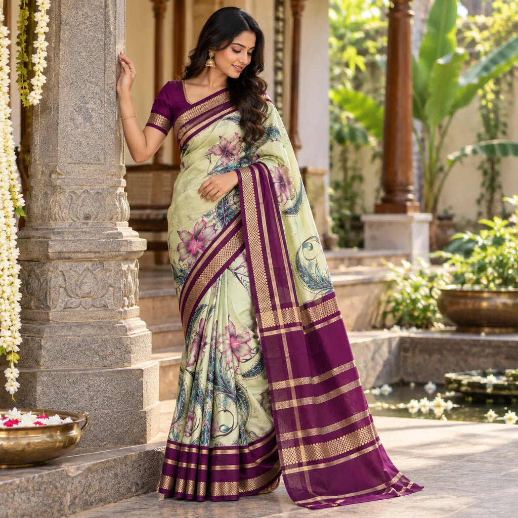 Mysore Crepe Silk-KSV2028-Pastel Green and Wine
