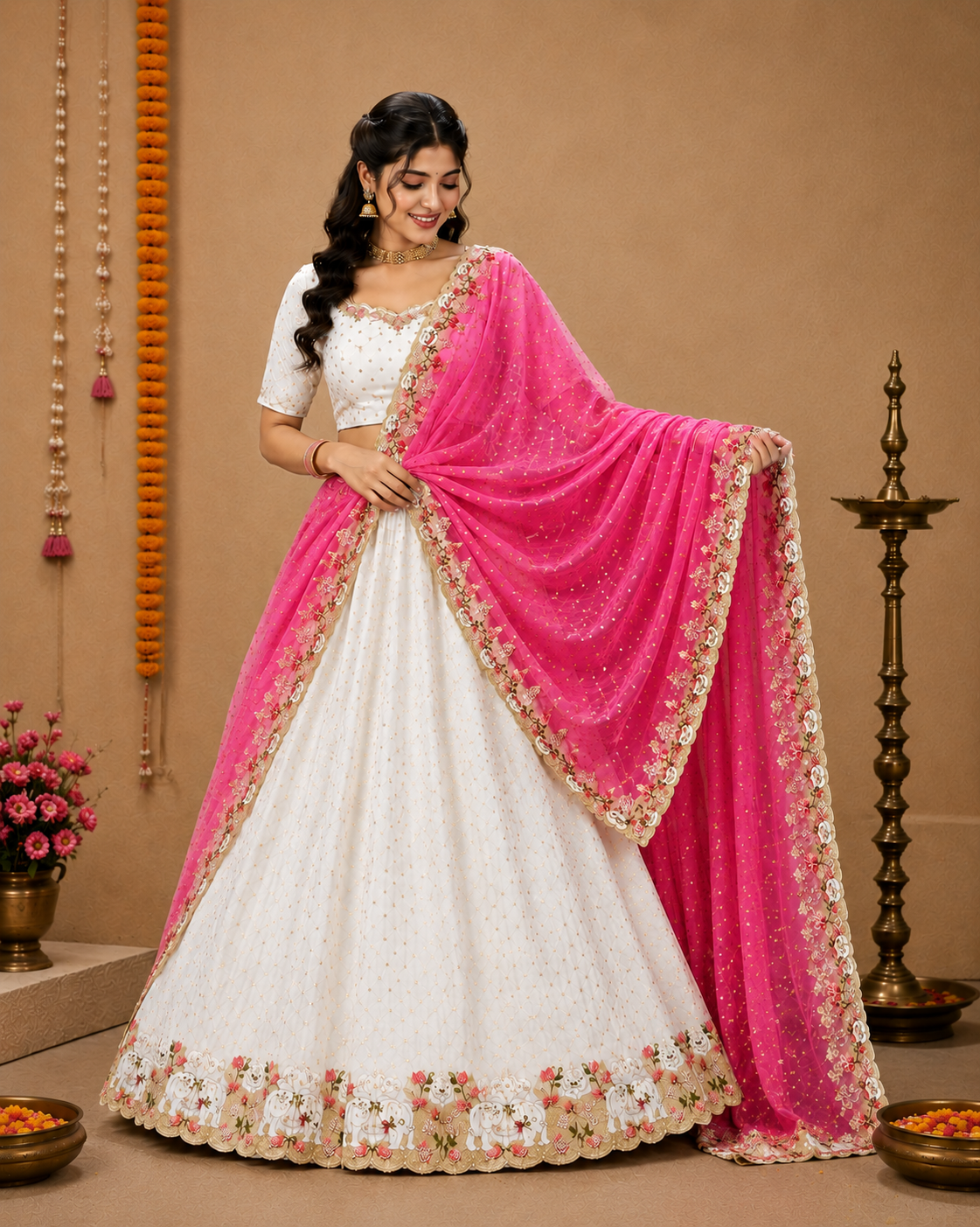 Half Sarees-KSV4001-White and Pink