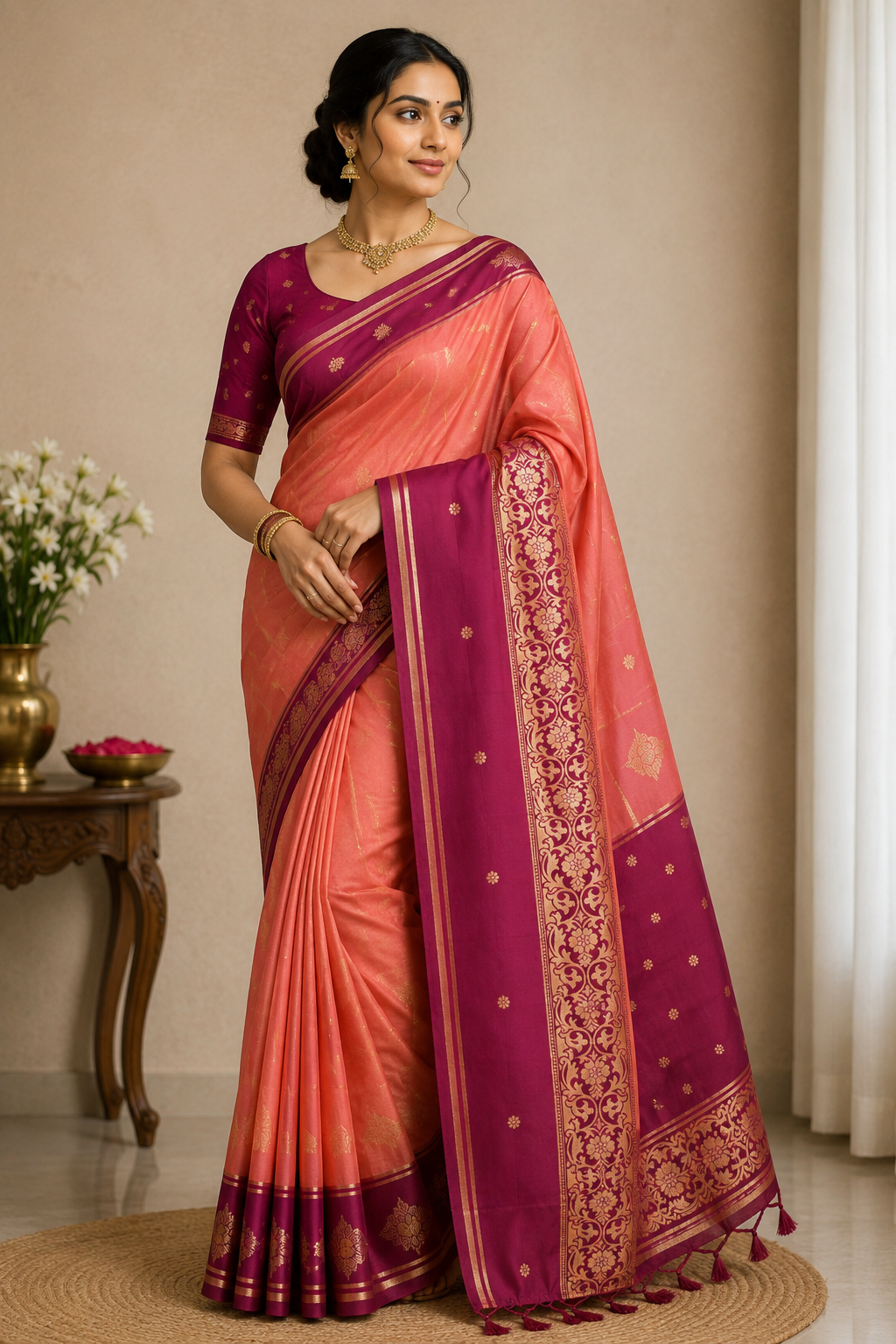 Soft Silk-KSV5015-Rust Orange and Magenta Pink