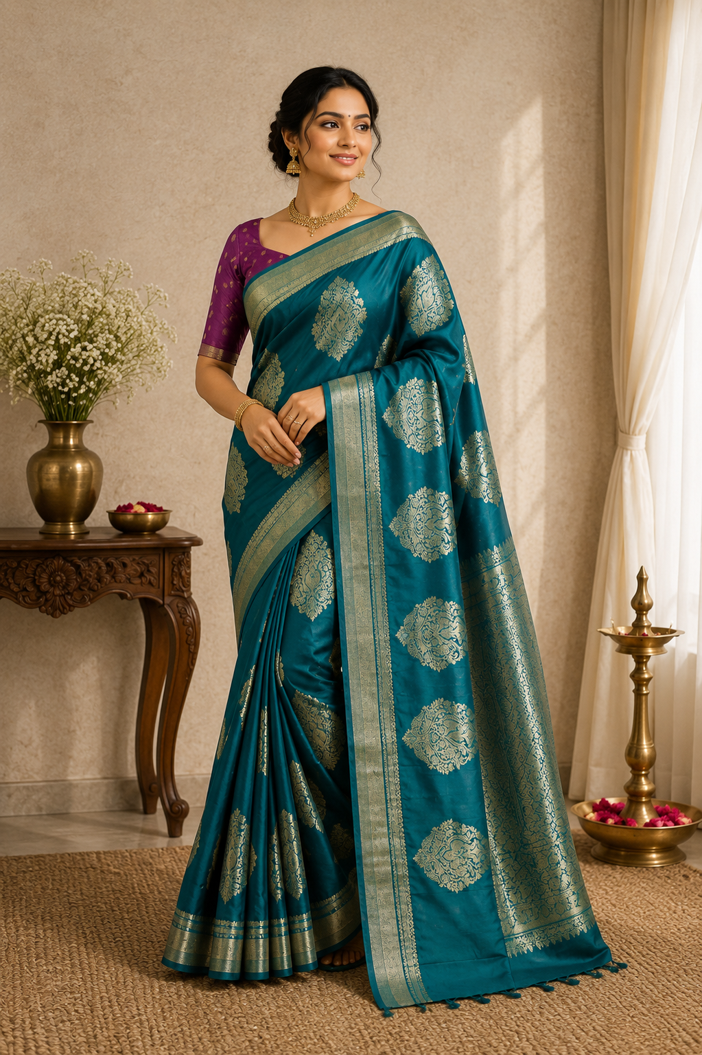 Moonga Cream Silk-KSV5016-Teal and Purple