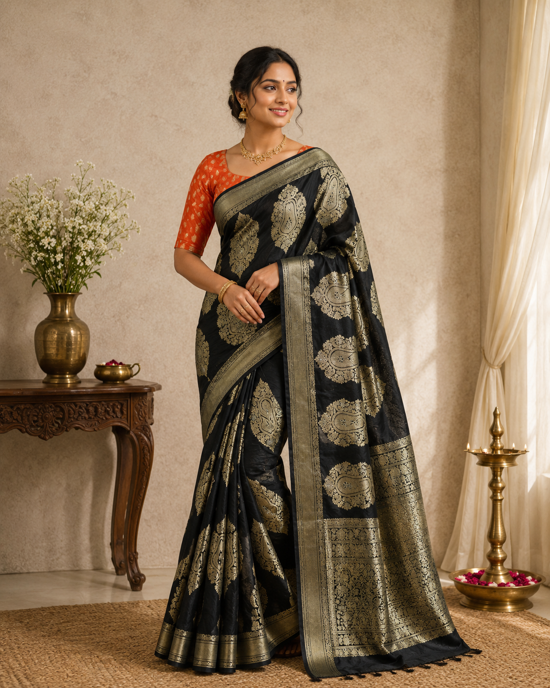 Moonga Cream Silk-KSV5017-Black and Rust