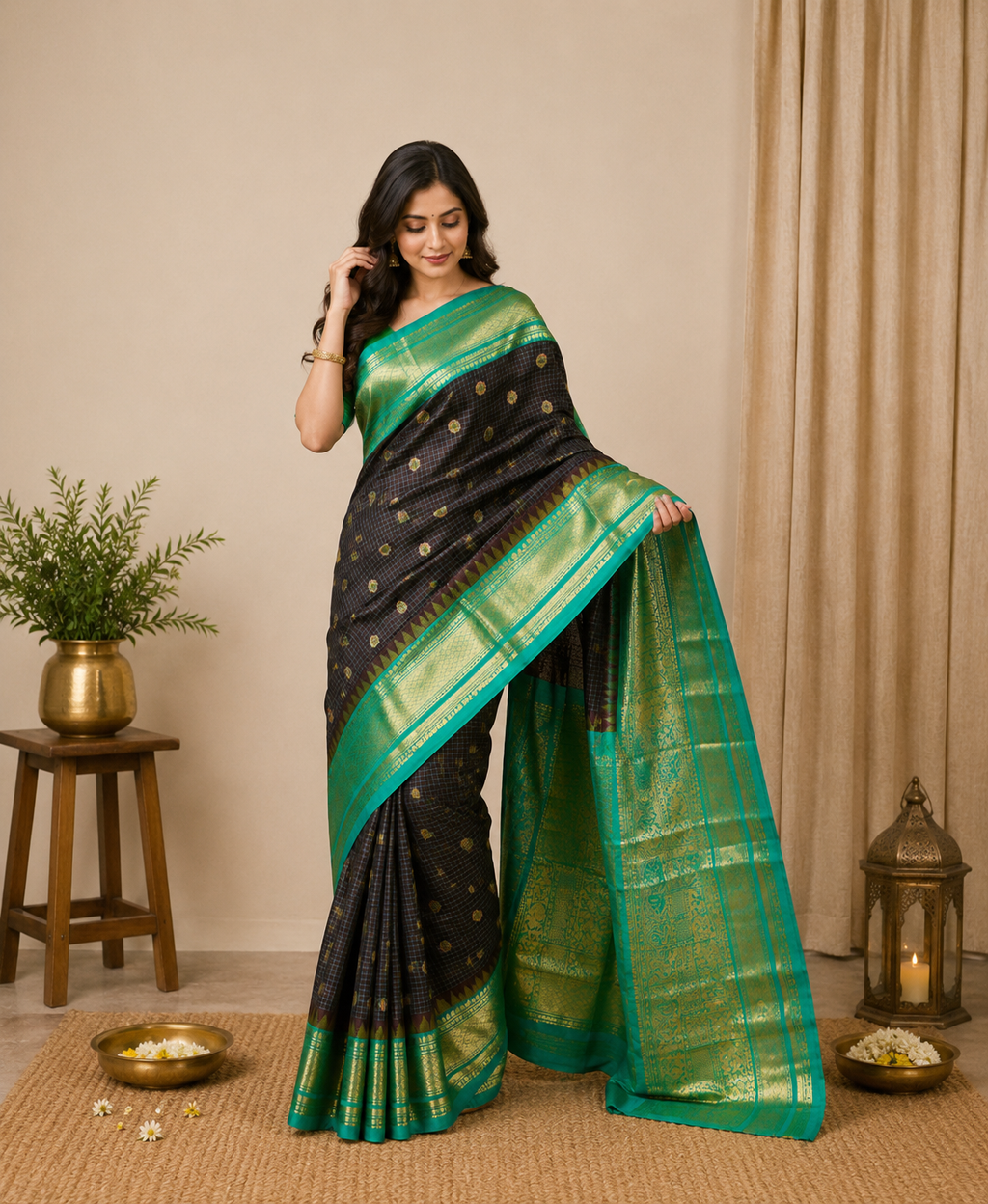 Semi Gadwal-KSV5025-Dark Coffee and Turquoise Blue