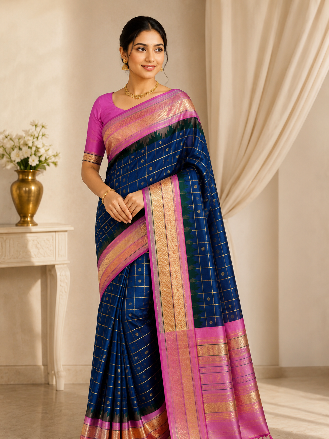 Semi Gadwal-KSV5028-Dark blue and baby pink