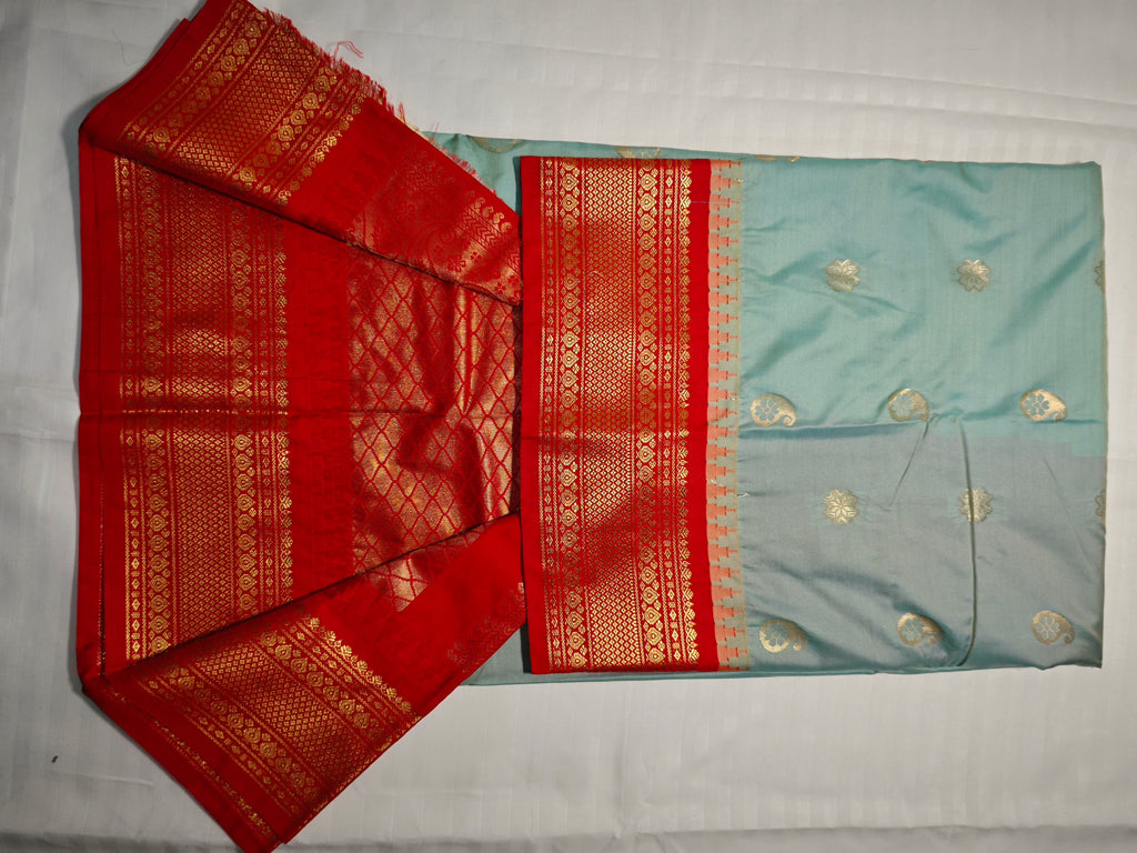 Semi Gadwal-KSV5029-Skyblue and Red