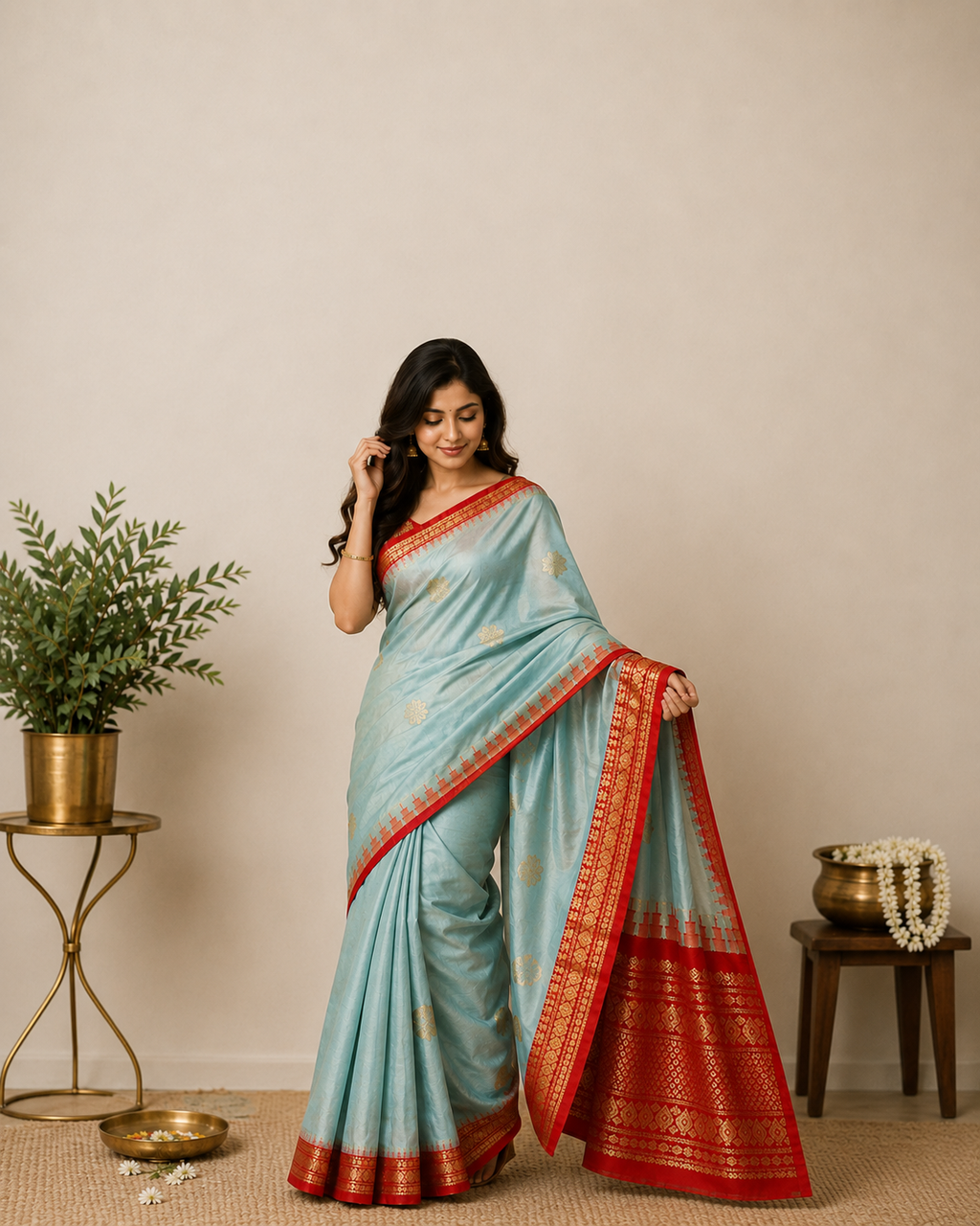 Semi Gadwal-KSV5029-Skyblue and Red