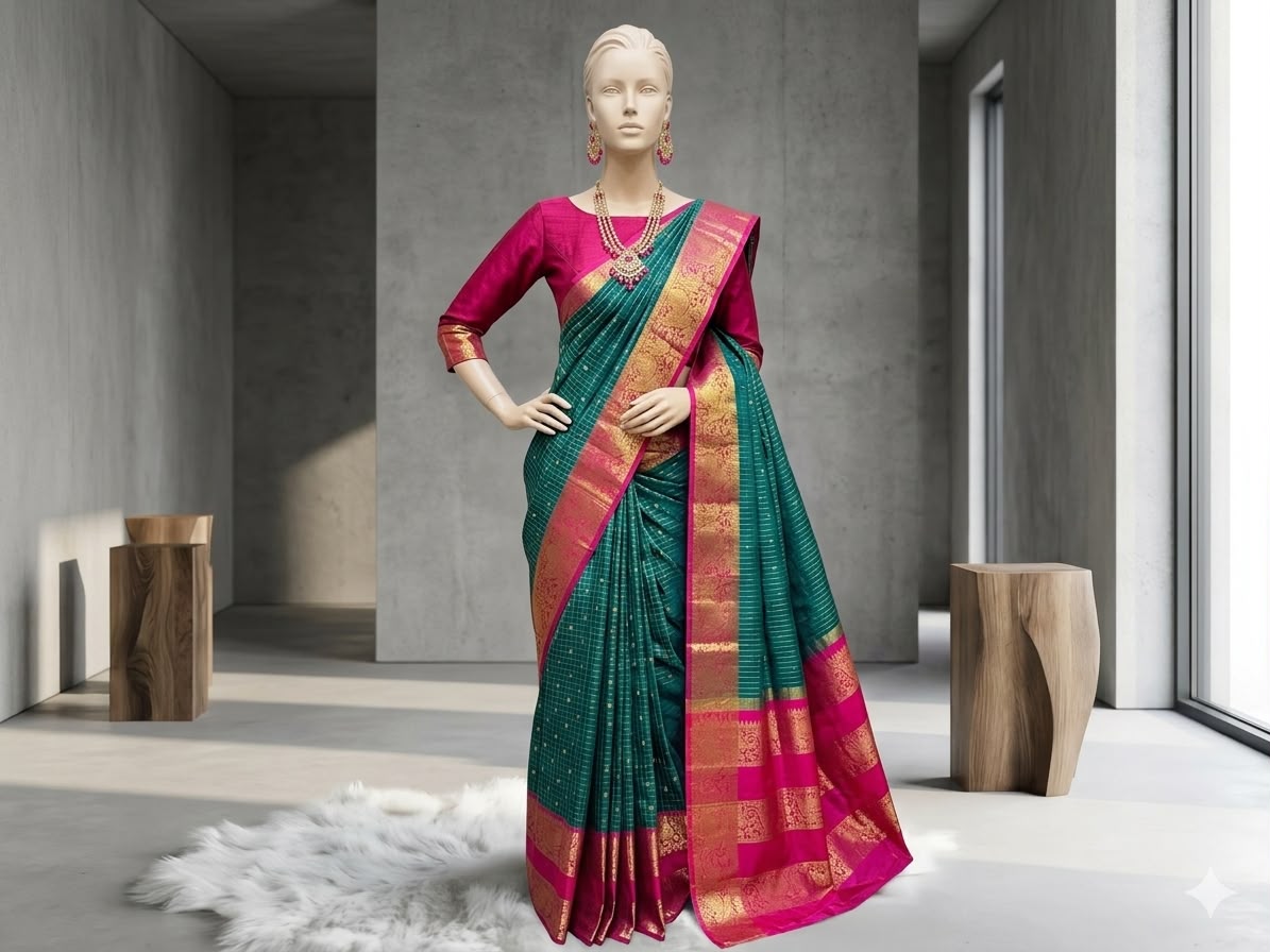 Semi Gadwal-KSV8009-Green and Pink