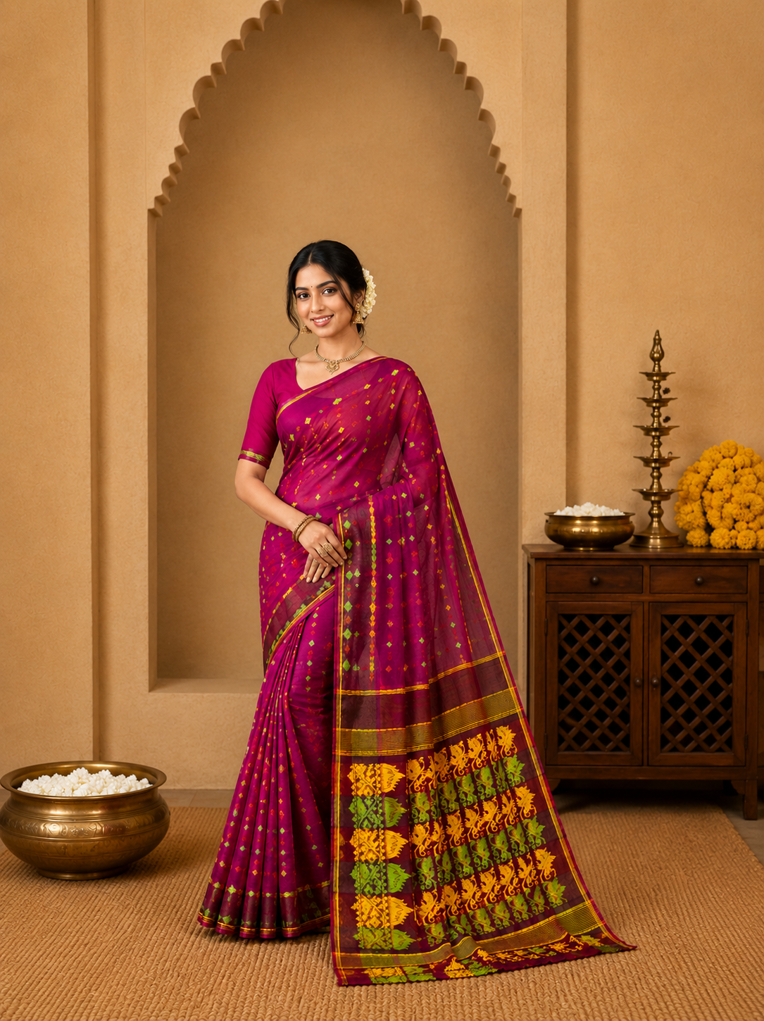 Muslin Cotton Jamdani-KSV-13006-Rani Pink