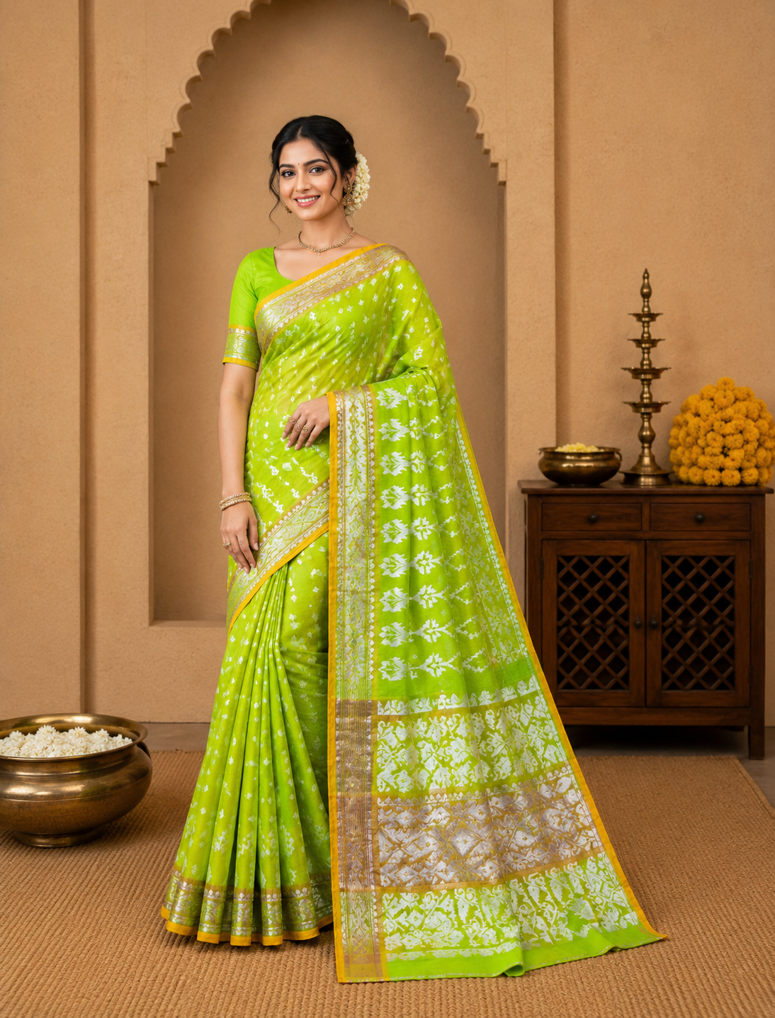 Muslin Cotton Jamdani-KSV -13007-Yellowis Green